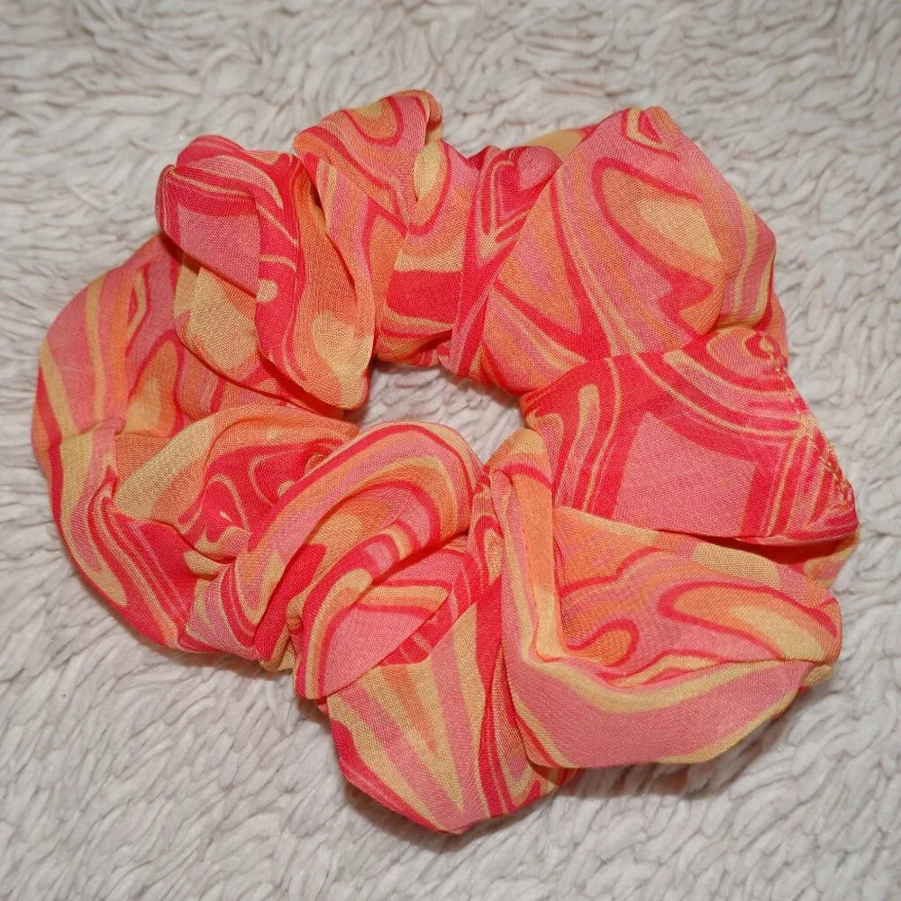Giant Orange Pink Yellow Swirl Silky Hair Scrunchie, Like New